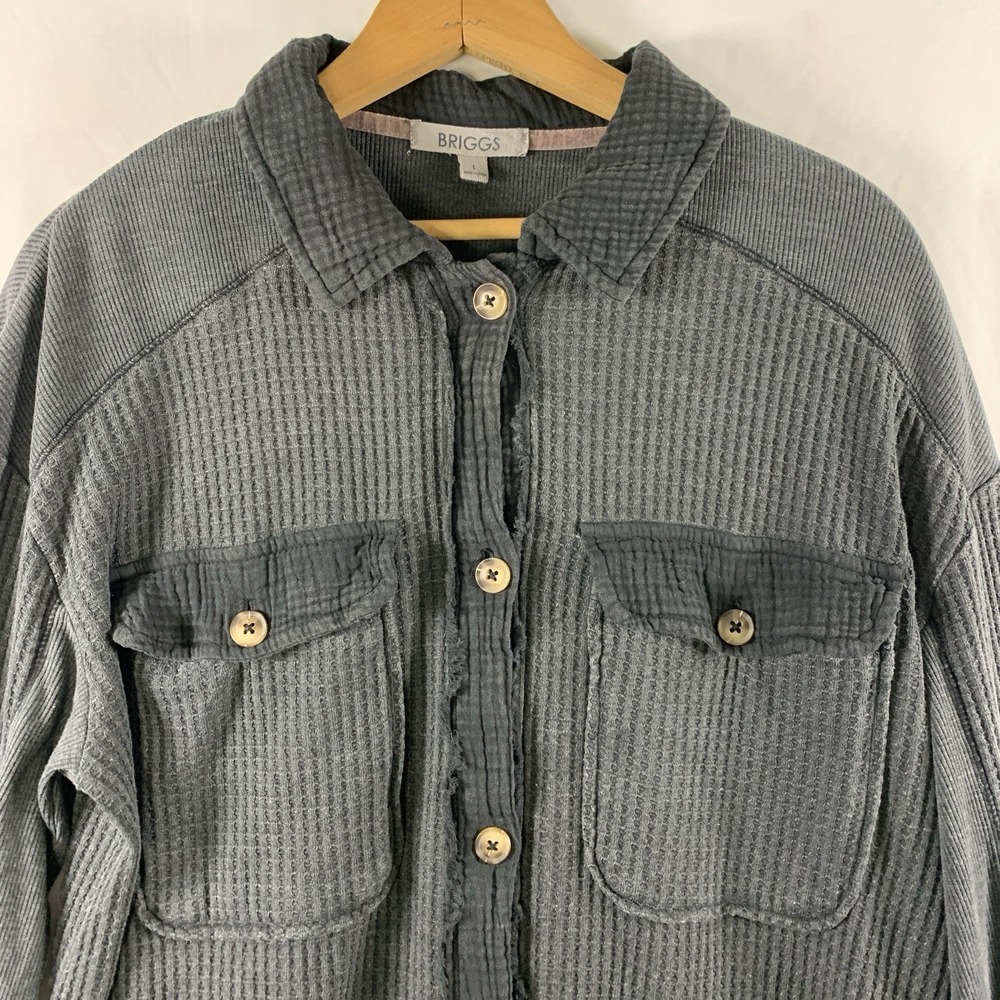 Womens Waffle Knit Raw Hem Button Top Sz L Charcoal Grunge Boho Indie - Picture 2 of 10